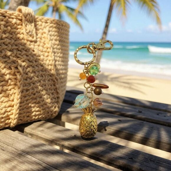 Gold Tone Beaded Pineapple Keychain - Picture 1 of 5